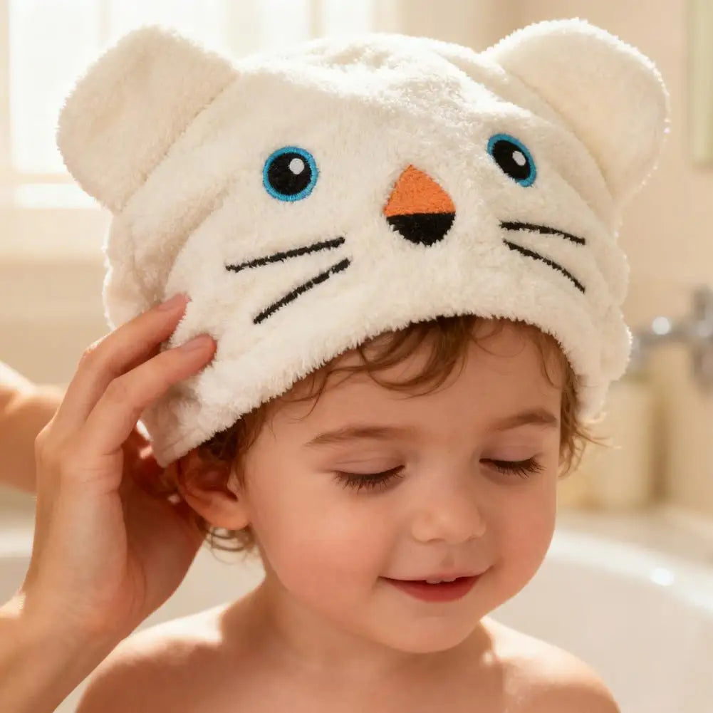 Cute Cartoon Bear Soft Absorbent Dry Hair Cap for Kids Coral Fleece Microfiber Hair Drying Towel Head Wrap for Children Kids