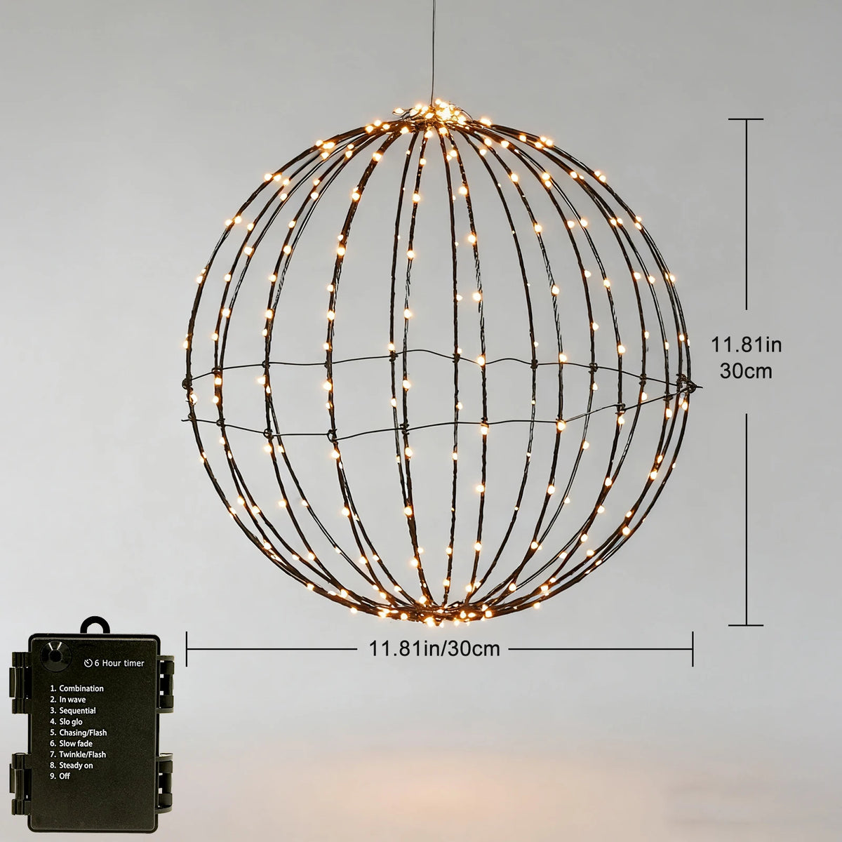 Battery Operated 11.8" Globe String Lights, 2 Pack Warm White Hanging Ball Lights with Remote, 8 Lighting Modes & Auto Timer, IP54 Tree Lights for DIY Floral, Plant & Wedding Decor