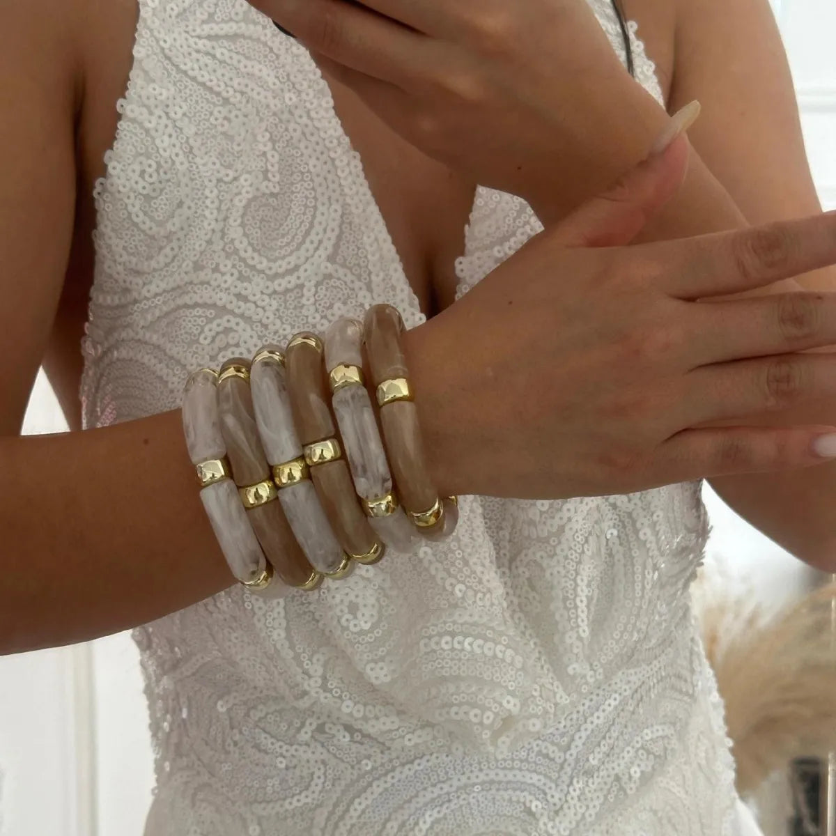 Multilayer Bangle Bracelets for Women Fashion Stack Layered Curved Tube Stretch Bracelets Set Steampunk Jewelry Gifts ﻿
