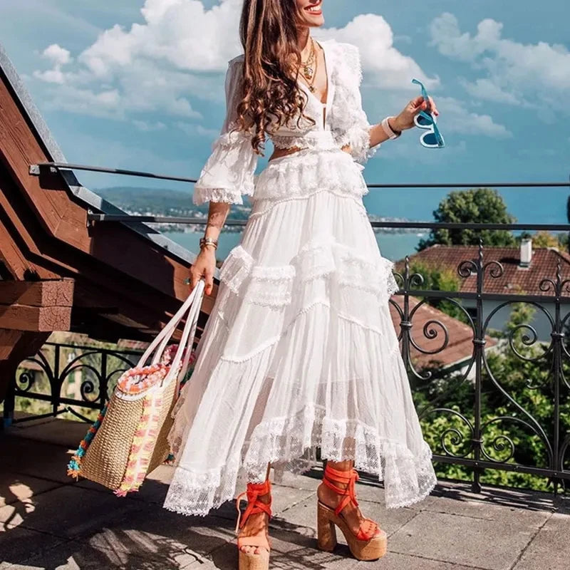 Super Chic White Sexy hollow out dress women backless lace up embroidery party dress dress summer beach holiday dresses