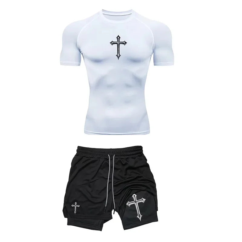 Jogging Breathable Compression Sportswear Summer Men's Training Two-piece Tight T-shirt Fitness Shorts Gym Workout Set RL0008