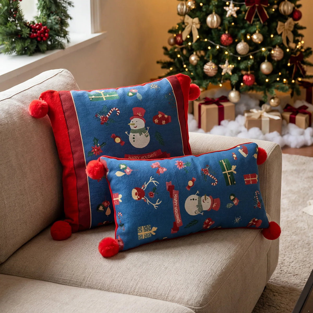 Christmas Red Jacquard Throw Pillow Cover Cartoon Elk Snowflake Christmas Pillowcase Plush Sofa Decor Cushion Covers 45x45cm