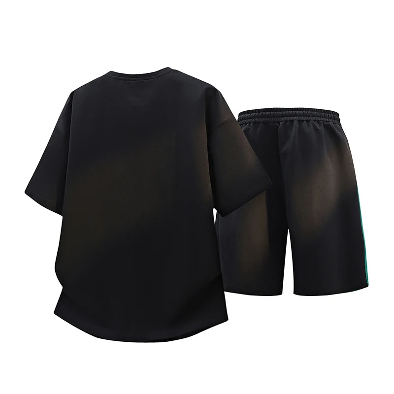 High Streetwear Short Sleeve T-Shirts & Shorts Men's Sets 2026 Summer Youth Casual Tops Tees & Knee-Length Pant 2-Piece Clothing