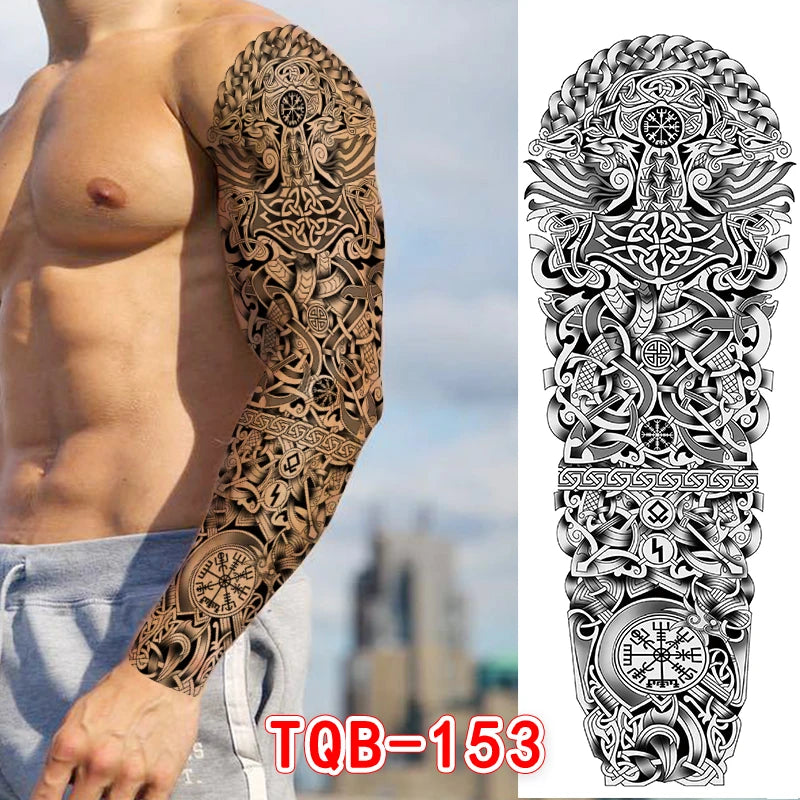 Tattoo Sticker for Men Women Tribal Totem Full Arm Tattoo Fake Temporary Tattoos Sleeve Wolf Skull Tatoo Temporari Waterproof