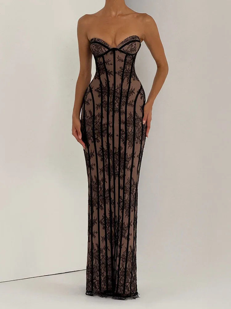 Women Gauze Fishbone Strapless Dress Chic Backless Off-shoulder Waist Cinching Slim Maxi Vestidos 2026 Lady Evening Party Gowns
