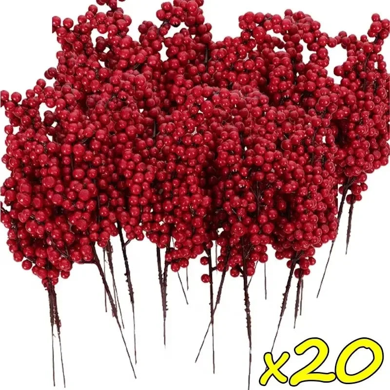 1/50PCS Christmas Artificial Red Berries Branches Xmas Tree Garland Flower Arrangement Branches Holly Berry Fake Flowers Plant