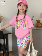 Girls' Summer Casual Outfit, Children's Sweet and Romantic Rainbow Floral Print Set, Pink Short-Sleeve Top + Tight Leggings Two-Piece Set, Suitable for Girls Aged 4-12, Versatile Clothing for Home, Leisure, and Outings