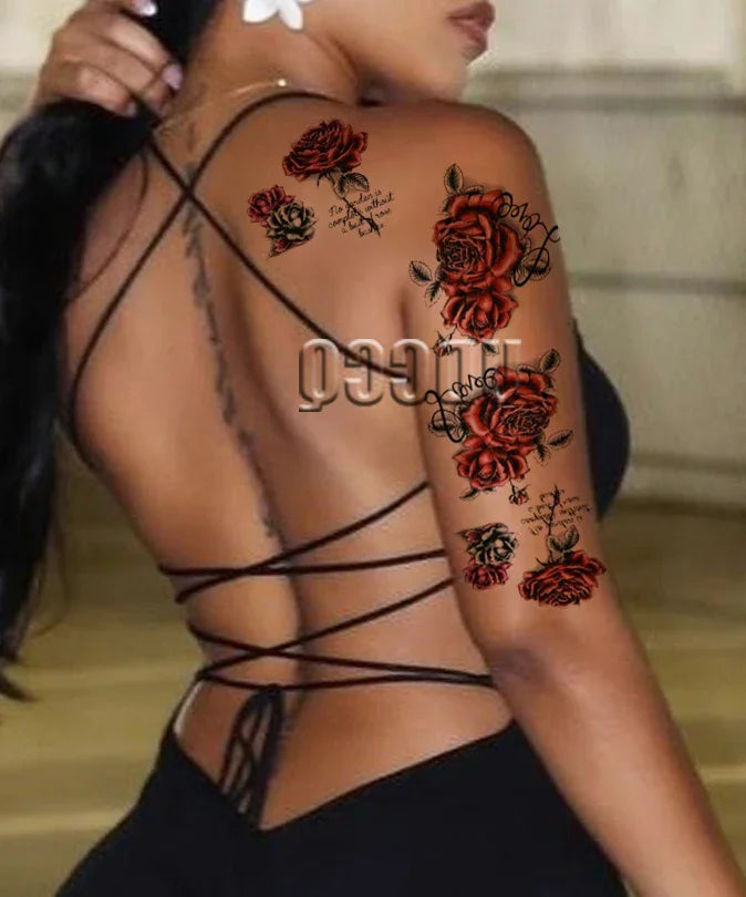 6pcs Red Temporary Rose Flower Arm & Leg Tattoo Stickers, Sexy Stripper Chest & Thigh Design, Waterproof, Perfect For Women