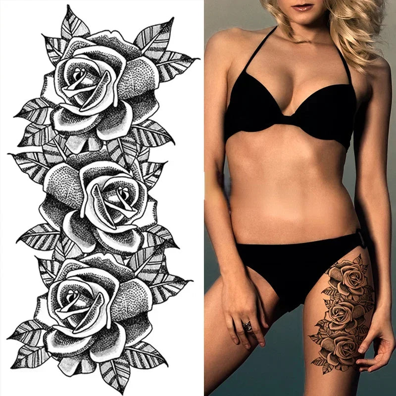 Women Sexy Temporary Tattoo Stickers Black Roses Pattern Full Flower Design Used for Arm Body Art Big Large Fake Tattoo Stickers