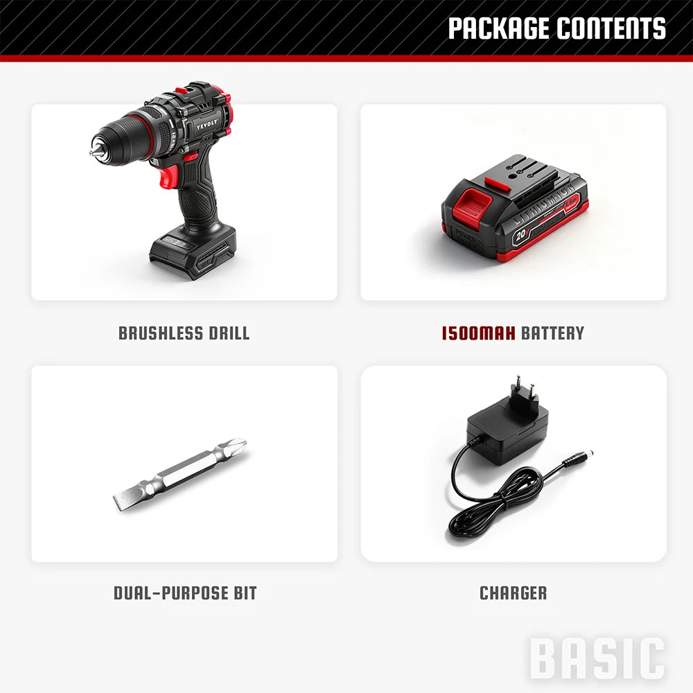 YEVOLT Electric Drill 20V Brushless Li-ion Compact Cordless 21+1 Driver Handheld Screwdriver Power Tools YVGBD20DU2 Series