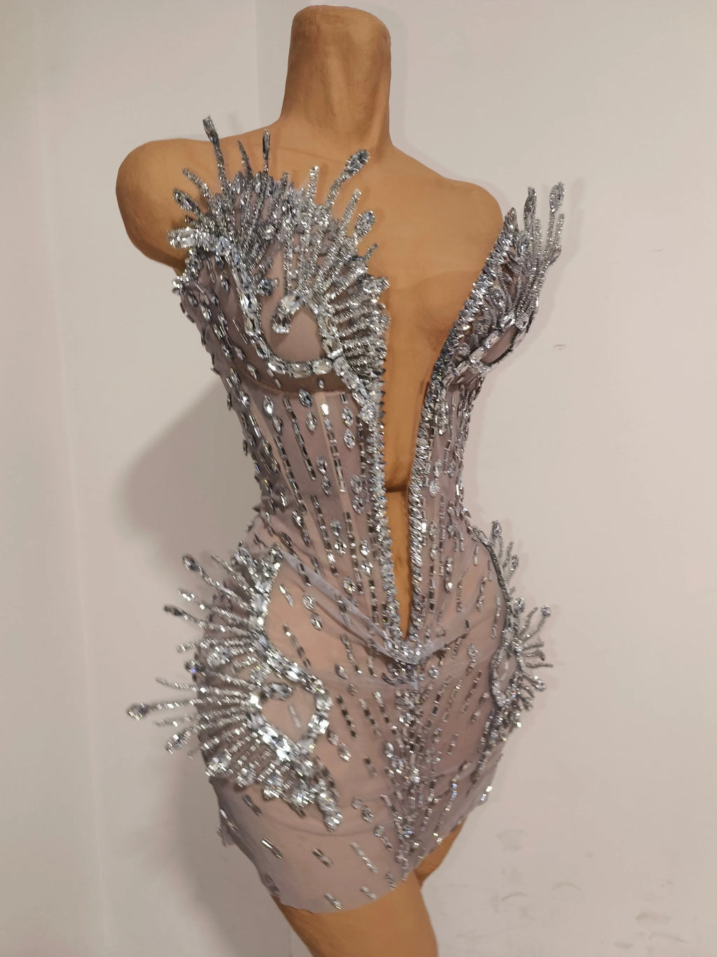Luxury Deep V Neck and Sculptural Rhinestone Silver Crystal Mesh Mini Dress  Accents for Photoshoots and Red Carpet