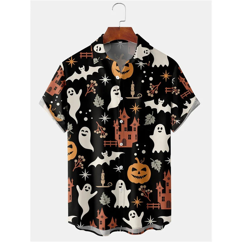 Pumpkin Bat Graphic Hawaiian Shirt For Men Women Halloween 3D Printed Aloha Shirts Summer Casual Short Sleeve Blouse Lapel Tops