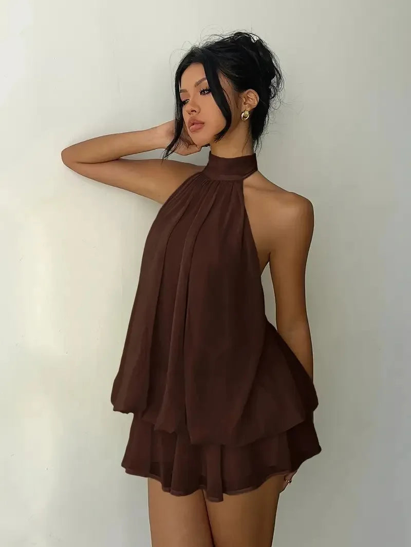 Women's Vacation Slim Fit Dress Sexy Backless Halter Neck Lace-up Versatile Solid Color Dress Stylish Comfortable Summer Vestido