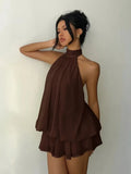 Women's Vacation Slim Fit Dress Sexy Backless Halter Neck Lace-up Versatile Solid Color Dress Stylish Comfortable Summer Vestido