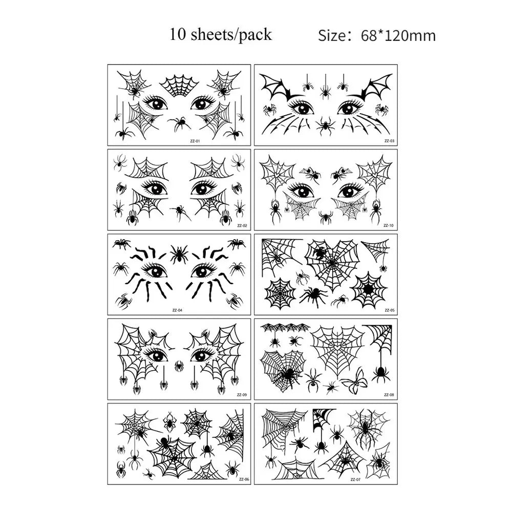 10 Sheets Halloween Eyebrow Stickers Spider Web Tattoo Stickers Body Makeup Waterproof Temporary Tattoo Halloween Fake Tattoo