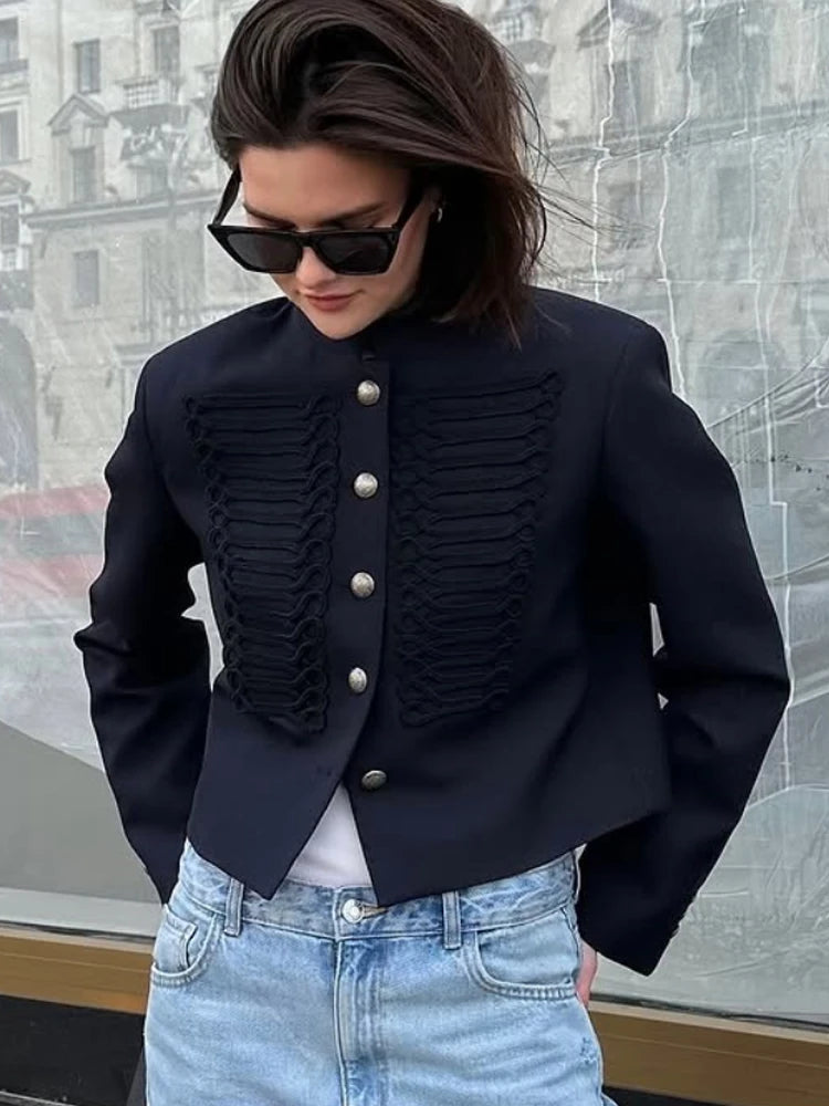 Retro Denim Military Jacket Women Vintage Solid Single Breasted Stand Collar Slim Short Coat 2026 Lady Daily Street Outerwear