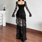 Goth Dark Fairycore Lace Flare Sleeve Square Neck A-line Dress Sweet E-girl Irregular Long Hem Dresses Cyber Y2K Party Vestido