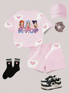 Girls' Summer Casual Outfit, Children's Printed Short-Sleeve Set, Girls' Heart and Cartoon Print Short-Sleeve T-Shirt + Shorts Two-Piece Set, Suitable for Girls over Three Years Old, Versatile Clothing