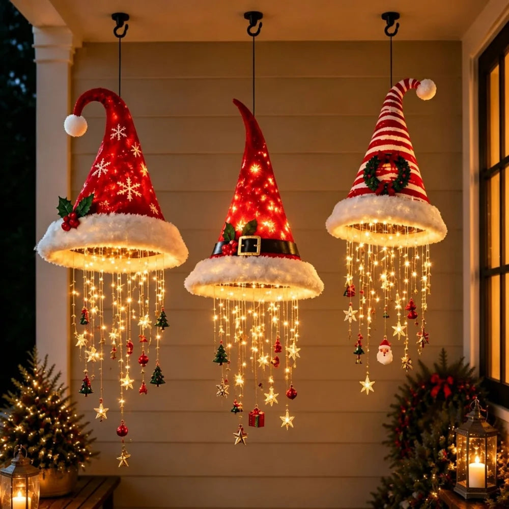 Christmas Lighted Santa Hat with Snowflakes Christmas Tree Pendant Hanging Lantern Xmas Decoration for Home New Year Party Gifts