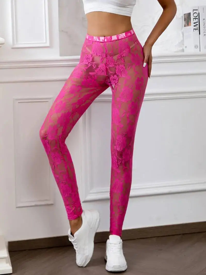 Pure Desire Style Sexy Perspective Jacquard Embroidered Lace Casual Pants Women Yoga Pants Embroidery Flower Fashion 848X