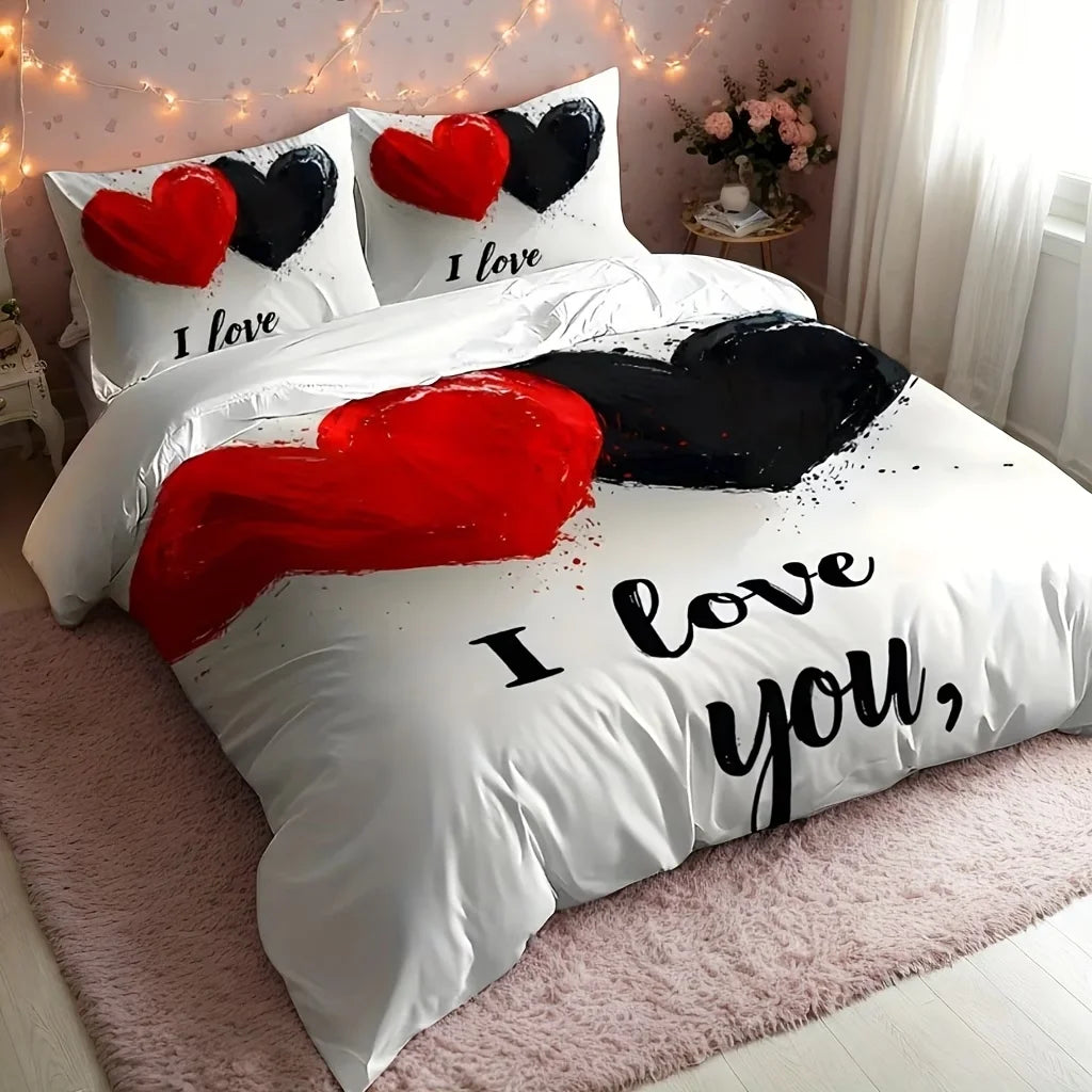 Dark Red And Black Three-Piece Bedding Set with Queen & King Size Featuring Printed English Letters on The Duvet Cover
