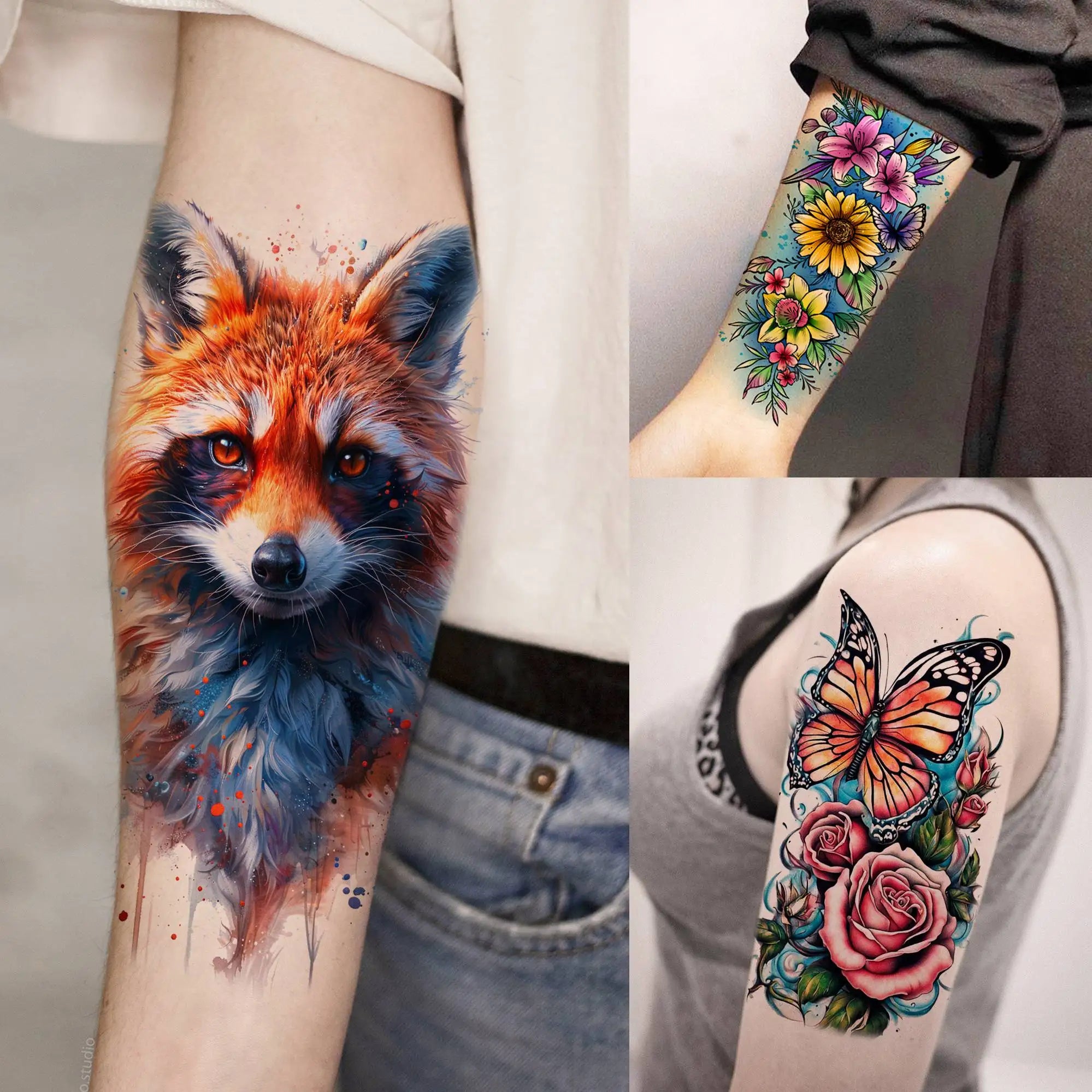 70 Sheets Watercolor Peony Rose Flowers Temporary Tattoos For Women Butterfly Animals Tatoos Realistic Fake Arm Tattoo Stickers