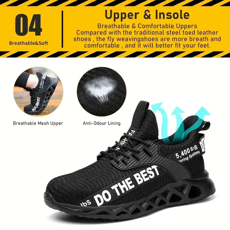 Steel Toe Safety Shoes for Men Lightweight Breathable Work Shoes Grey Anti-Smash Anti-Puncture Work Shoes Comfortable Durable