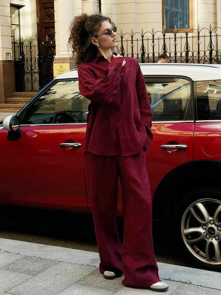 2026 Women Casual Solid Cotton Linen Pant Set Chic Laple Single Breasted Long Sleeve Shirt Elasticity Waist Pant New 2 Piece Set