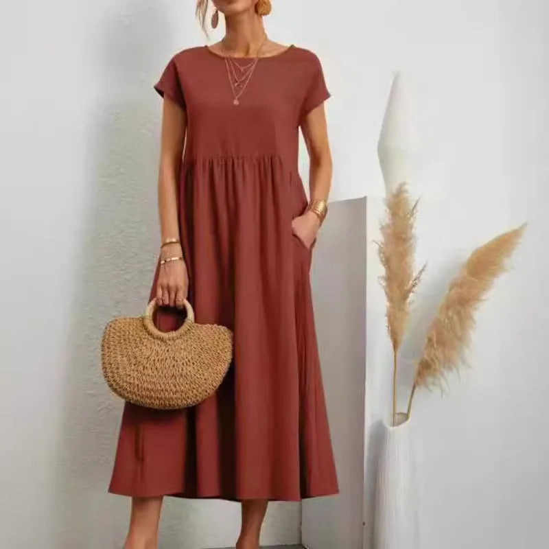 Dresses for Women  Cotton Linen Midi Casual  Short Sleeve Loose A-Line Sundress with Pockets  Solid Color Oversized Long Dress