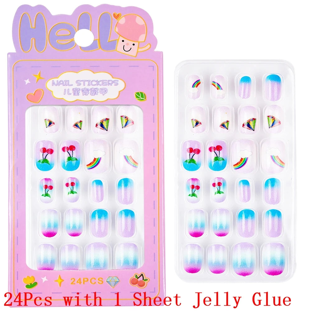 Children Press on Nails,24 Pcs Fake Nails Tips for Kids Acrylic Nails Pre-glue Full Cover Short False Nails Cute Fingernails