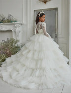 Customized White Flower Girl Dresses Tulle Tiered Flory with Tailing Long Sleeve for Wedding Birthday Party First Communion Gown