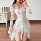 Goth Dark Fairycore Lace Flare Sleeve Square Neck A-line Dress Sweet E-girl Irregular Long Hem Dresses Cyber Y2K Party Vestido