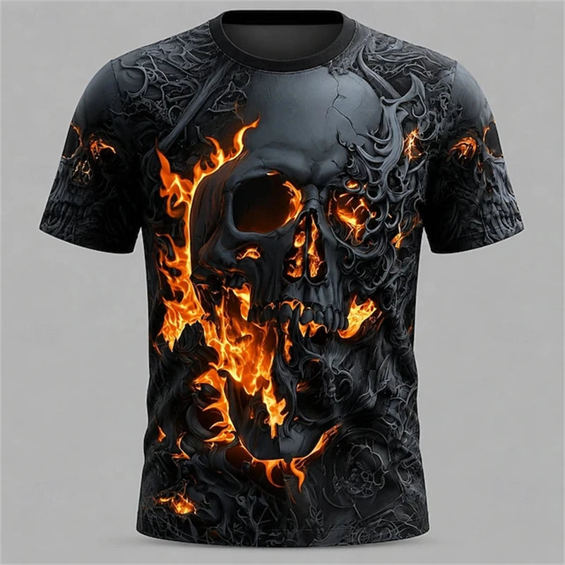 Men's Summer Skull-Printed Horror-Themed Crew-Neck T-Shirt Fashionable Trendy Street-Style Short-Sleeve Top for Halloween