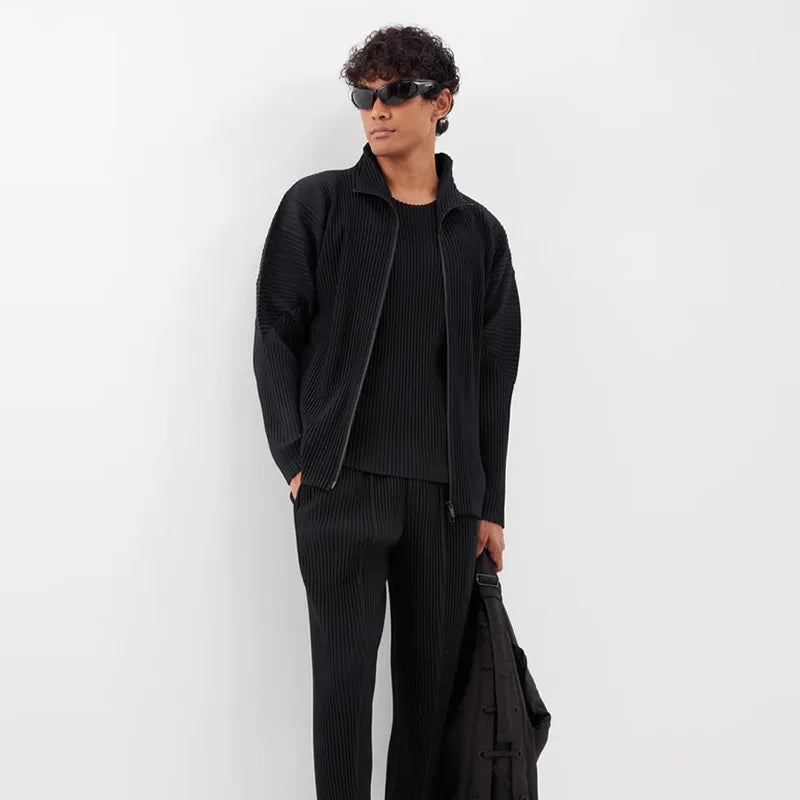 Miyake Men's Jacket 2025 Spring New Pleated Zip Standing Collar Jacket Solid Colour Men's Coat Premium Sense Tops Men Clothing