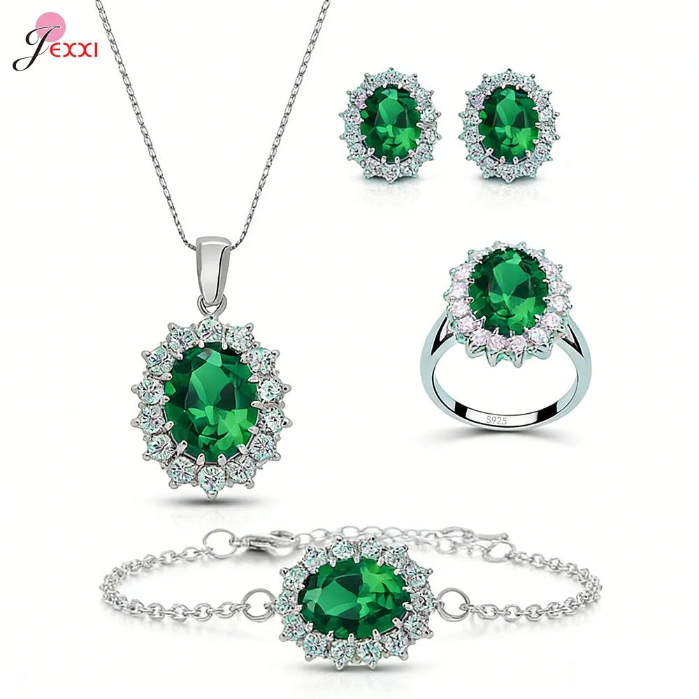 4Pcs Luxury Jewelry Set For Women Oval Cut Red Blue Purple Green Zircon Necklace Earrings Bracelet Ring 925 Silver Fashion Gift