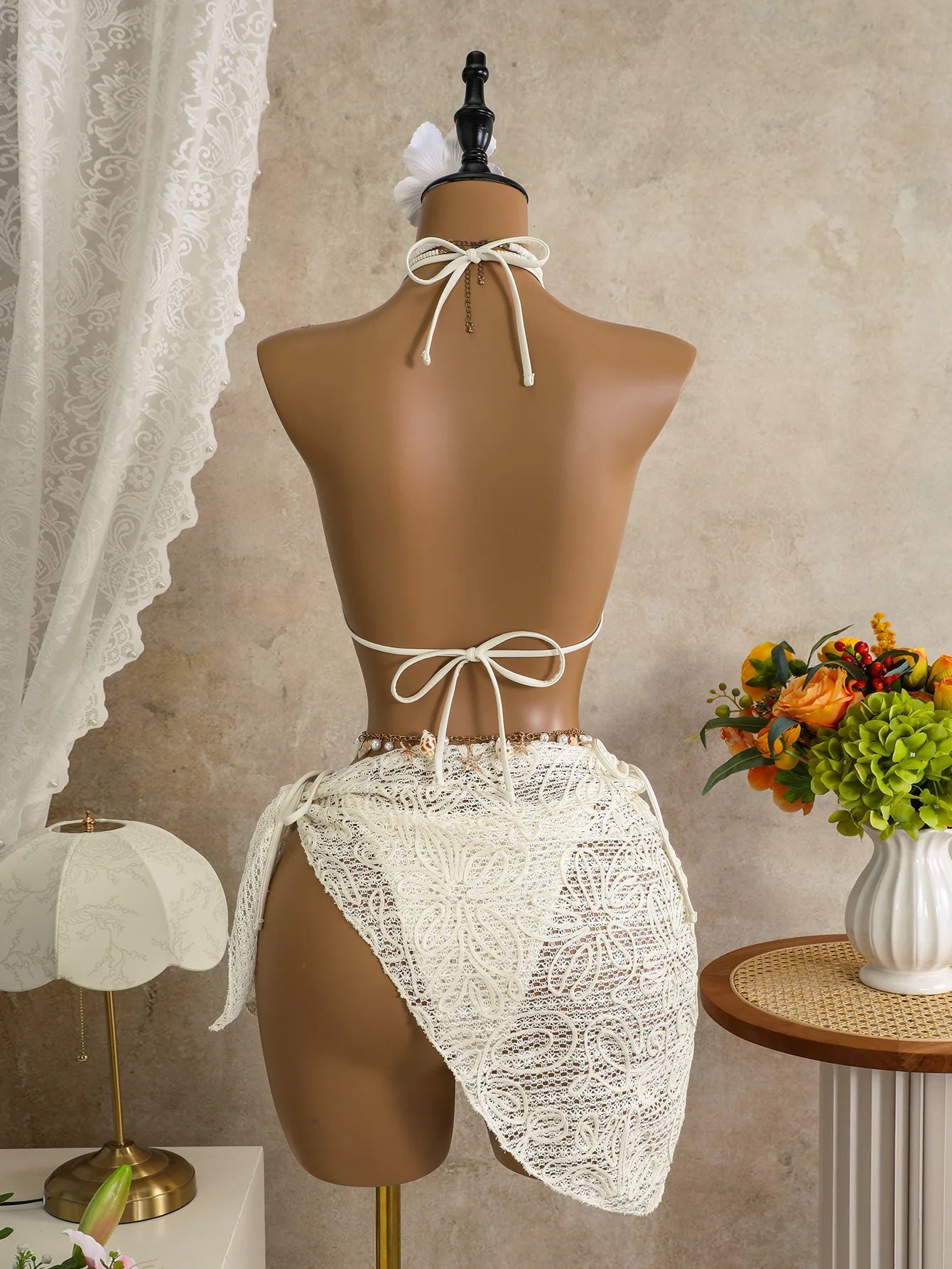 Women 3 Piece Floral Embroidered Bikini Set Halter Triangle Top with Shell Decor and Mesh Sarong Cover Up, 4 Colors Available