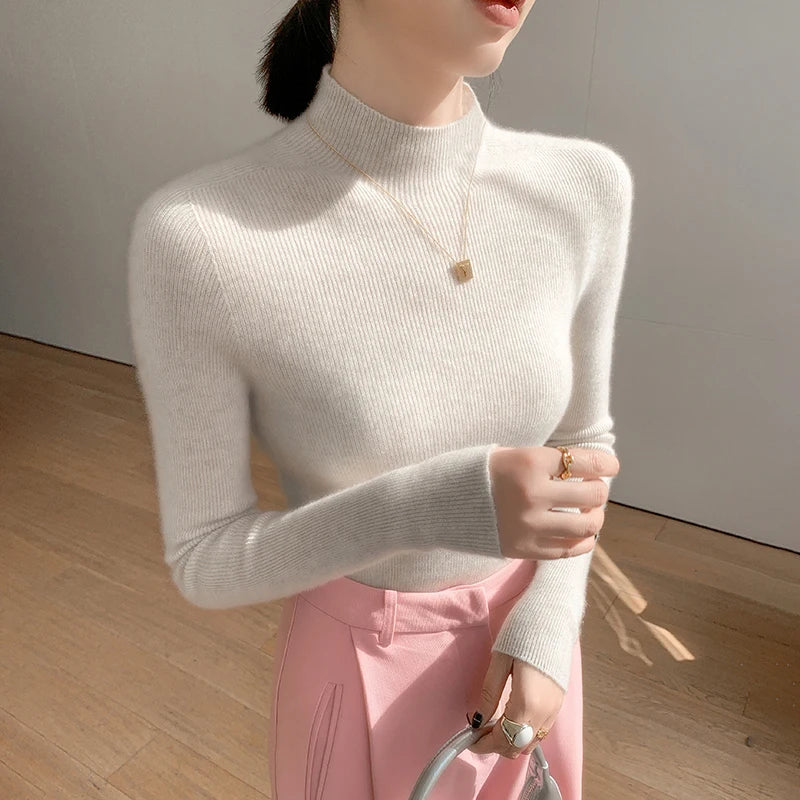 Autumn and Winter New Women's Cashmere Sweater 100% Pure Cashmere Semi High Neck Women's Pullover Soft Basic Women's Top