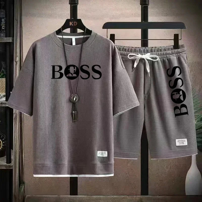Summer 2025 new men's breathable short-sleeved T-shirt + quick-drying shorts two-piece set, outdoor fashionable men's sportswear
