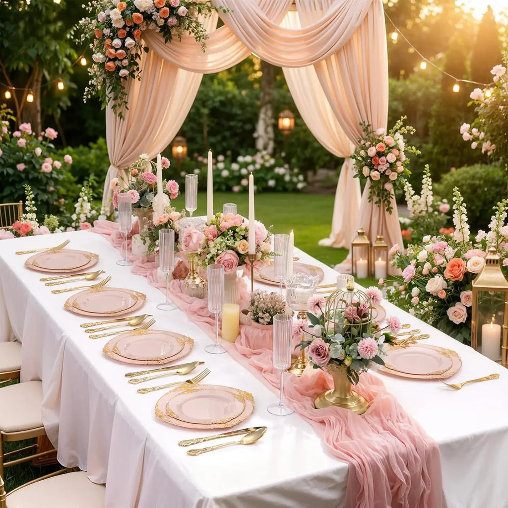 hot-selling200PCS Pink and Gold Plates - Pink Plastic Plates - Fancy Disposable Plate with Gold Rim - Vintage Wedding Dinner & D
