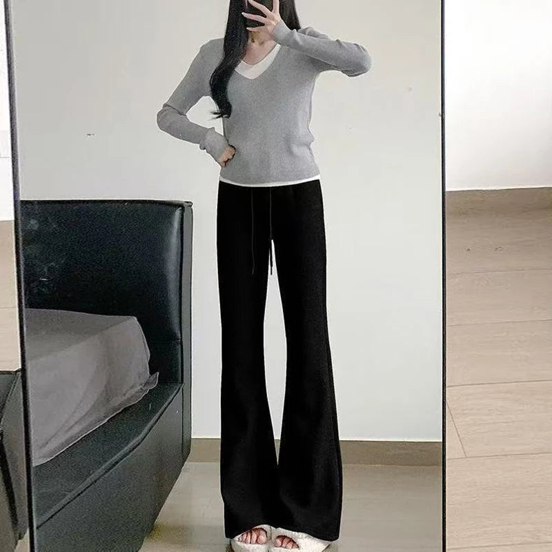Micro Flared Pants Casual Dark Gray Sports High Waisted Drawstring Elastic Long Pants Solid Simple For Women Clothes Fashion New