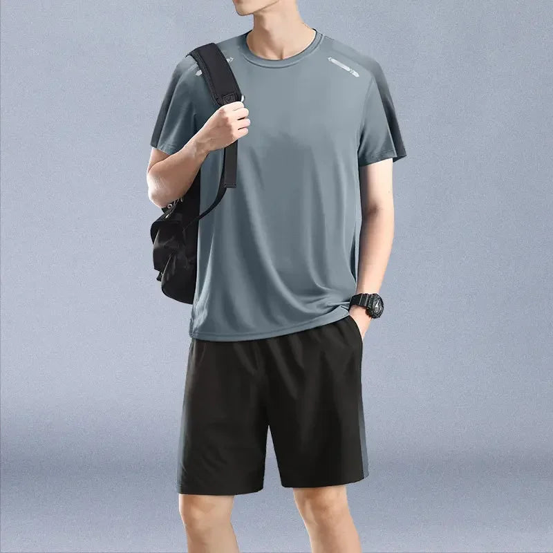 Men's 2-Piece Summer Athletic Set - Quick-Dry Running T-Shirt & Breathable Shorts - Gym Workout & Badminton Training Gear