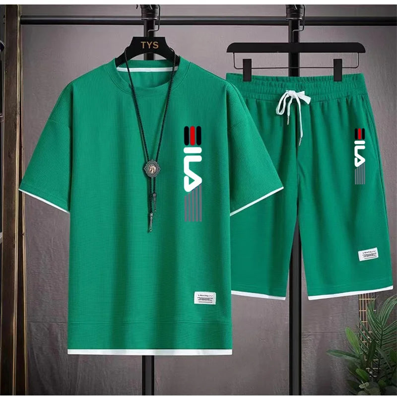 Men's summer 2026 fashionable outdoor new casual short sleeved T-shirt set, round neck hooded sweatshirt+sports shorts two-piece