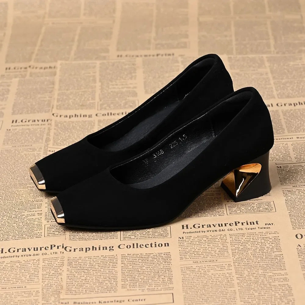 zapatos de mujer women fashion black suede round toe comfort spring & summer square heel shoes for office work lady pumps a535