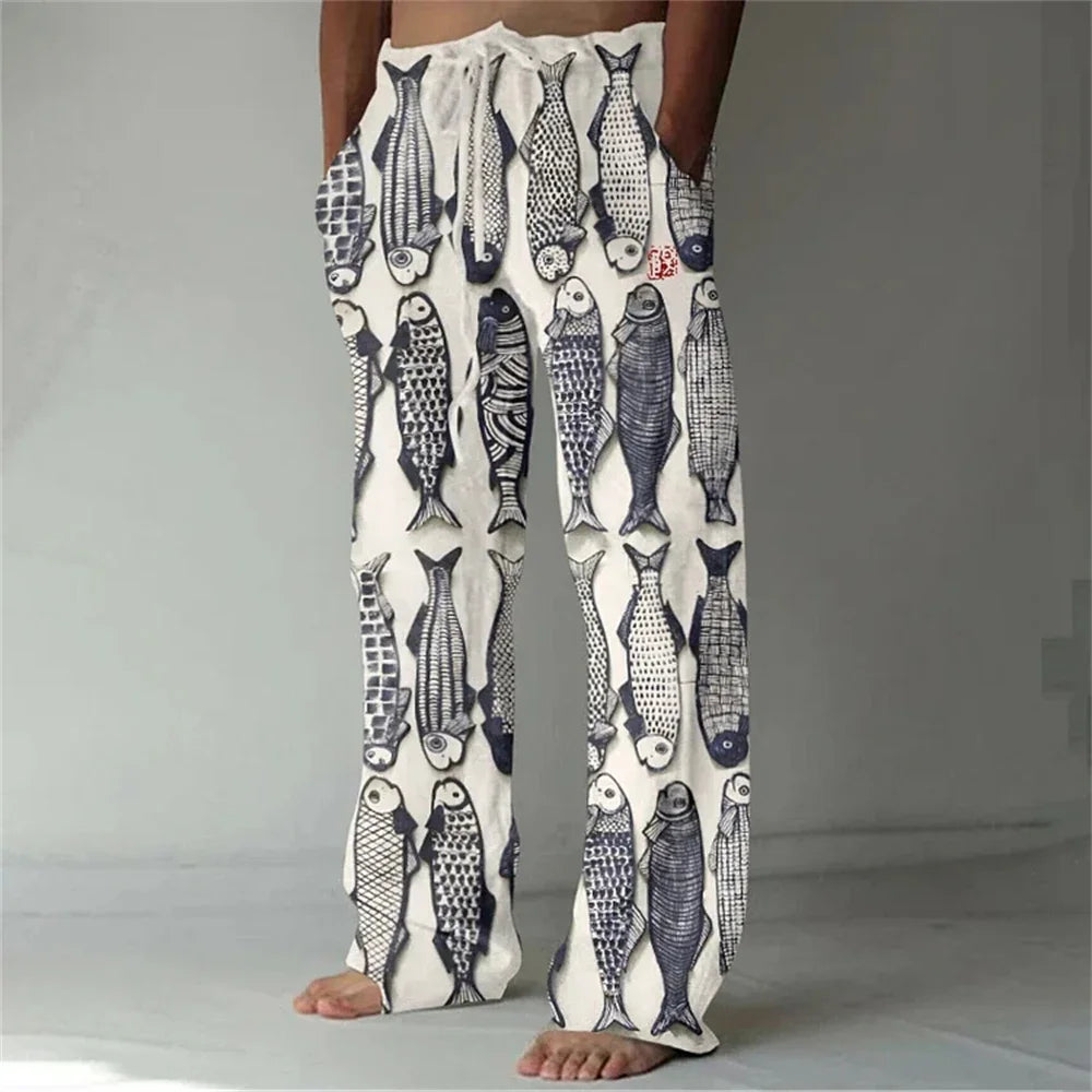Loose And Casual men's New Bamboo Leaf 3D Printed sweatpants, Versatile And Fashionable Pocket Drawstring Sports Pants