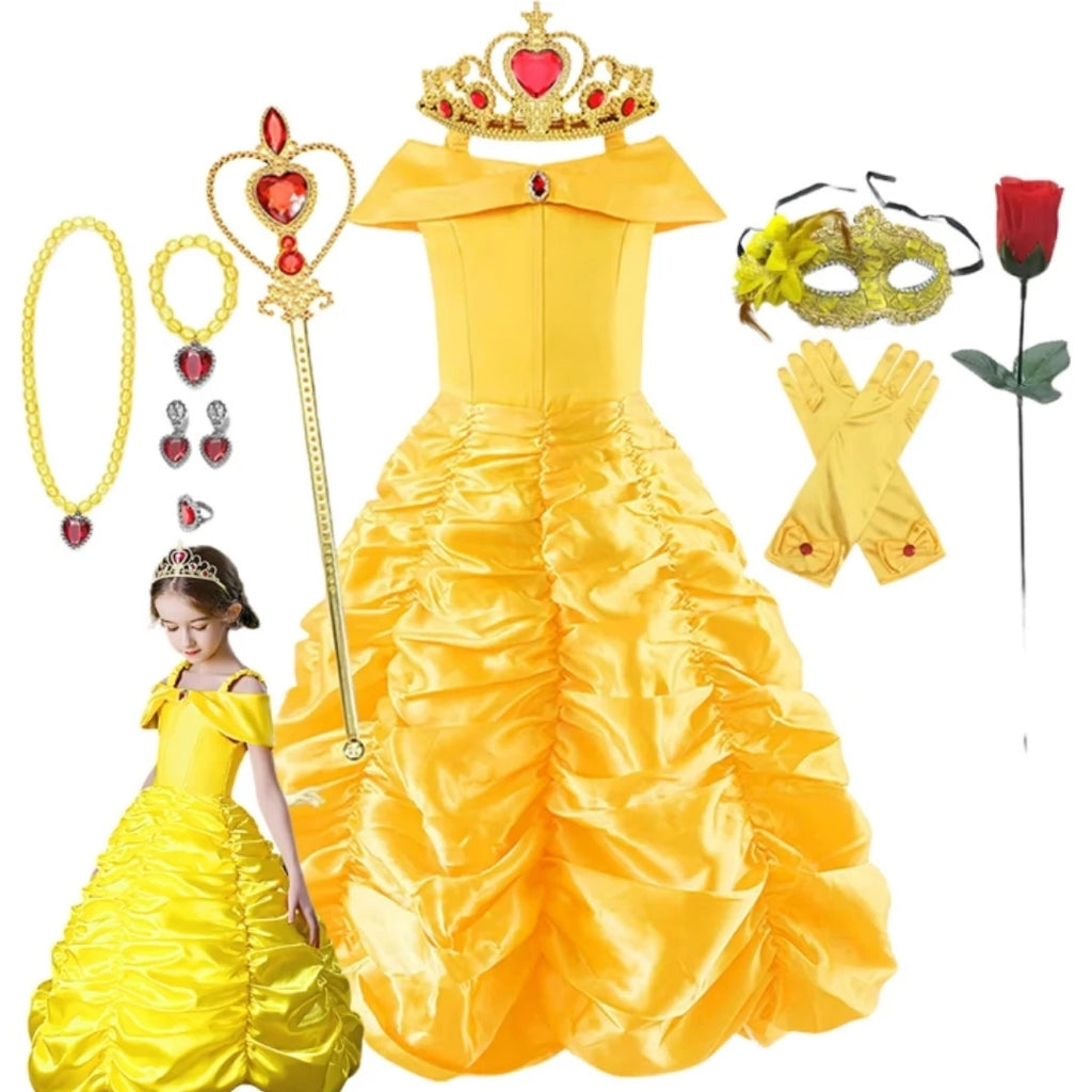Yellow Princess Dress Halloween Cosplay Costumes Beauty and The Beast Kid Dress For 2-10Y Girls Birthday Party Children Clothing