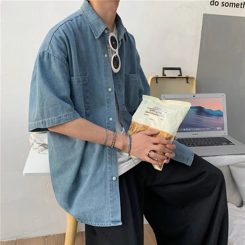 Short Sleeve Jacket Shirt Men's Trendy Brand INS Five Sleeve Casual Versatile Half Sleeve Trendy BF College Style Denim Shirt