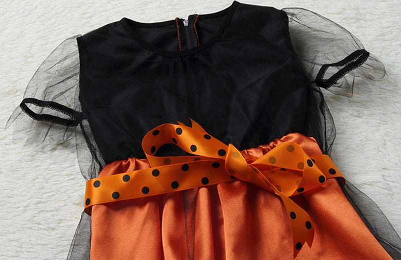 2026 Girls Halloween Cosplay Kids Children Pumpkin Costume Witch Dress Clothing Set With Hat Bag