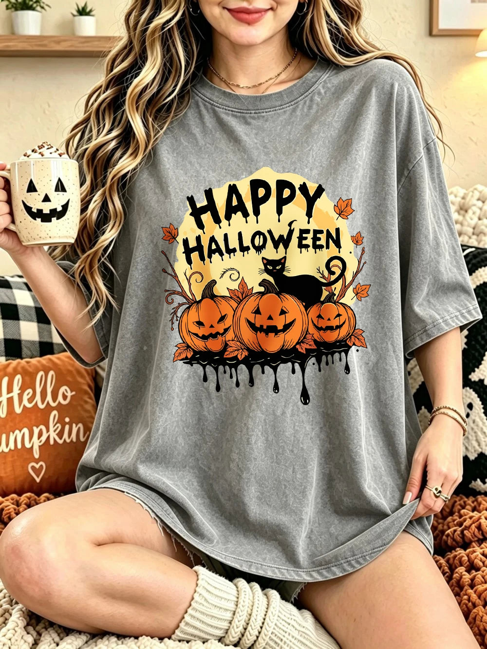 Happy Halloween Pumpkins Printed Washed T-Shirts Womens Cotton Short Sleeve Tops Casual O-Neck Oversized T Shirt Summer Clothes