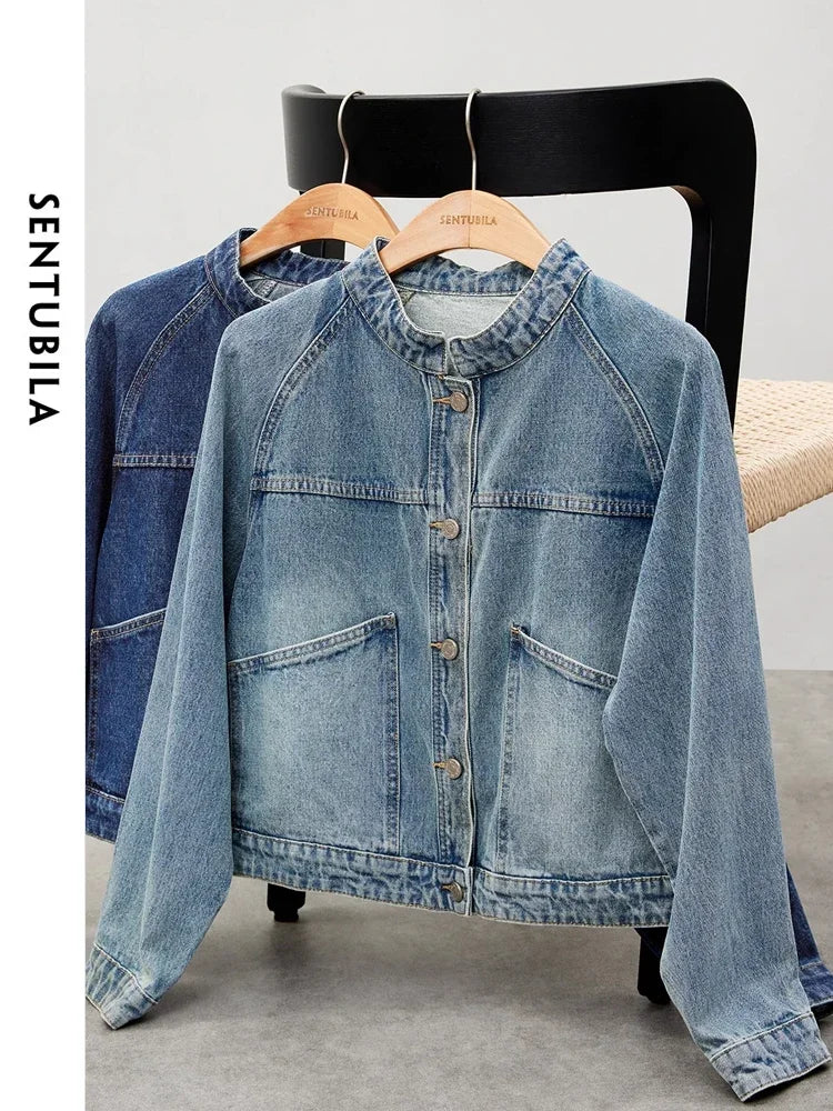 SENTUBILA Cropped Denim Jacket Coat For Women 2026 Spring Casual Stand Collar Long Sleeve Cotton Jeans Jackets Outwear W33W50369