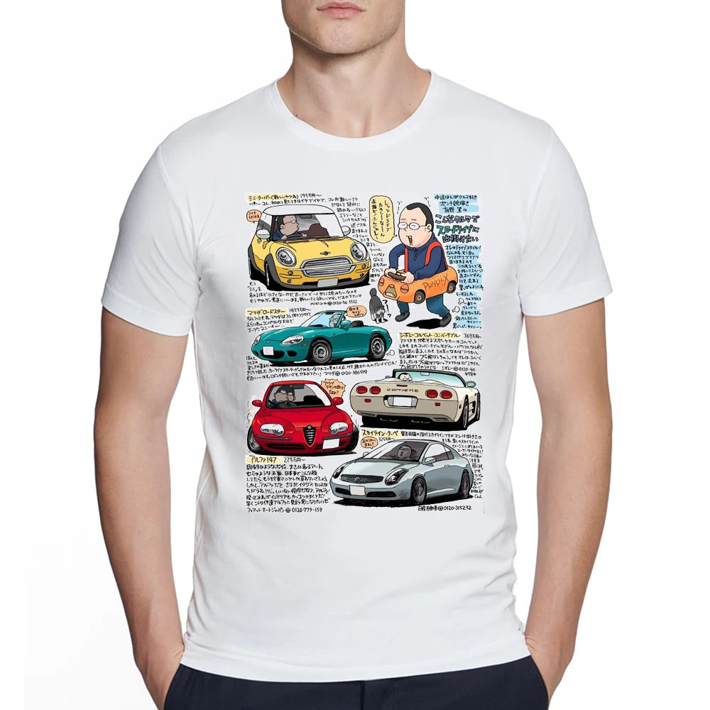New Summer Men's Short Sleeve Iconic cars Skyline cartoon Kenmer Car Print T-Shirt White Casual Tops Hip Hop Cool Boy Tees